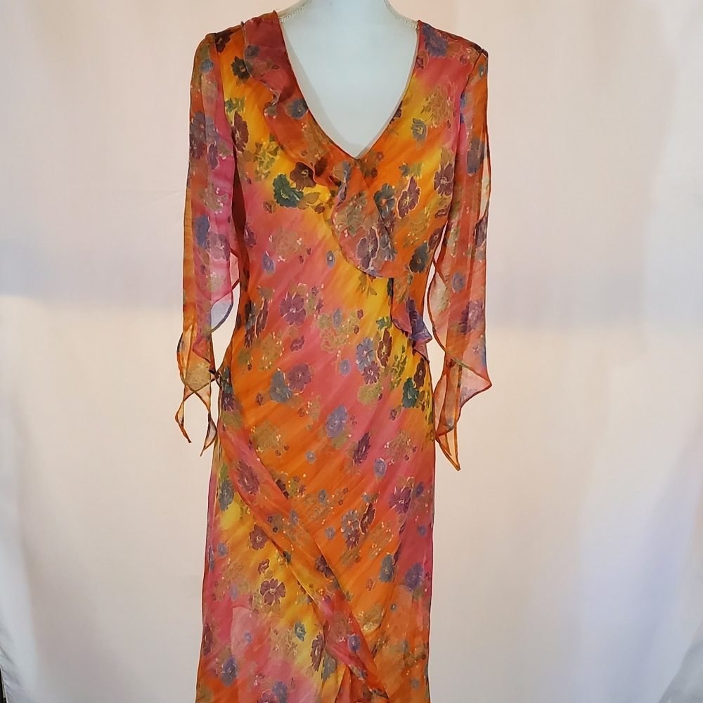 JMD Feminine Romantic Spring Dress 1XL Flowing, Airy, Ruffles Below the Knee EUC